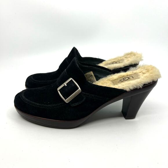 UGG Isabella Black Suede and Shearling Heeled Clogs Women's 6.5 US - Picture 2 of 9
